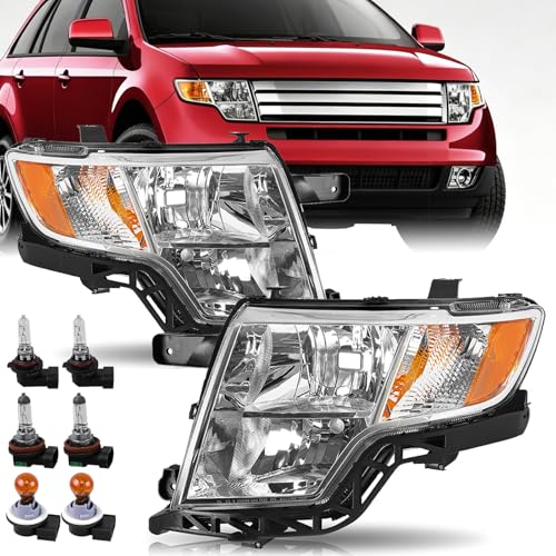 Headlights Assembly Replacement for 2007 2008 2009 2010 Ford Edge Halogen Head Light Headlamp w/Bulbs Driver and Passenger Side Chrome Housing Amber Corner Clear Lens OE # FO2502228 FO2503228