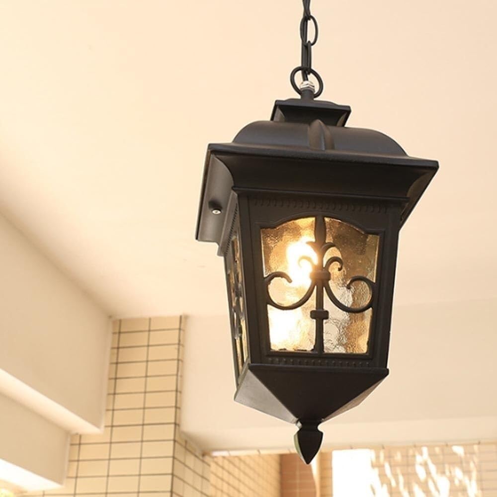 Retro lampa wisząca na zewnątrz wzór wody szkło wiszące światło aluminium metal ganek żyrandol na patio wejście do ogrodu (czarny)