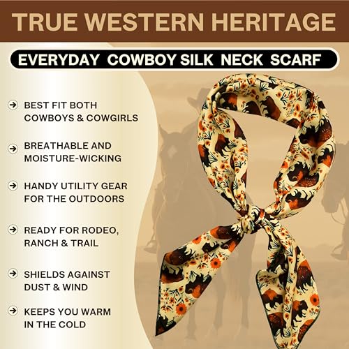 Wild Rag Silk Scarf 36'', Western Cowboy Bandana Square Silky Wild Rags,Tan Vintage Floral Bison Tribal Scarves for Men & Women2