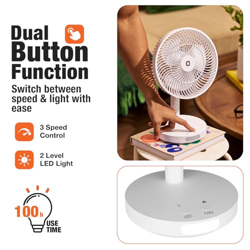Image of Orient Electric Vento Rechargeable Table Fan | 2000 RPM High Speed Airflow | USB Type-C Charging | 3 Speed Control | 60 Tilt Adjustable | Portable Desk Fan with LED Light for Home, Office & Study