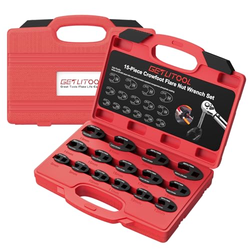 GETLITOOL Juego de 15 piezas Llaves de Boca Llaves Crowfoot 3/8' y 1/2', 8-24 mm, Cromo-Molibdeno para Trabajos Mecánicos con Estuche Fácil de Transportar