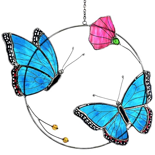 Cemovia 2 Morpho Butterfly Stained Glass Window Hanging - Handmade Suncatcher Real Glass - Blue Menelaus Butterflies Light Catcher Elegant Gifts for Mother Women Grandma (Gifts-Box provided)