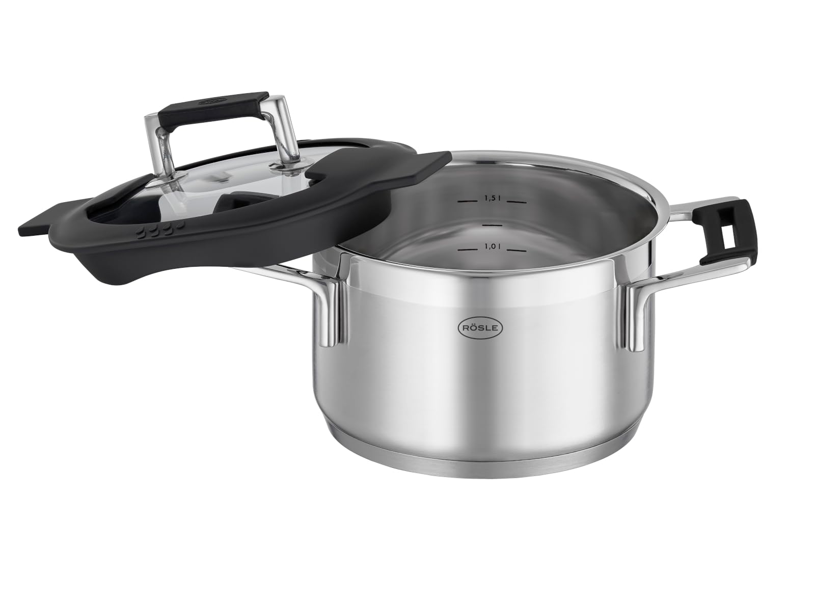 RÖSLE SILENCE PRO - Olla universal de acero inoxidable 18/10, 16 cm, tapa de cristal, escala interior, apta para inducción, apta para lavavajillas