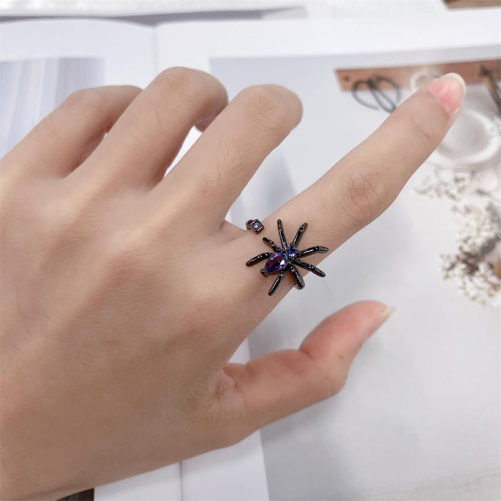 Personalized Spider Purple CZ Adjustable Ring for Women Black Plated Crystal Animal Statement Open Knuckle Middle Tail Finger Rings Punk Fashion Jewelry for Halloween Birthday for Her - Image 5