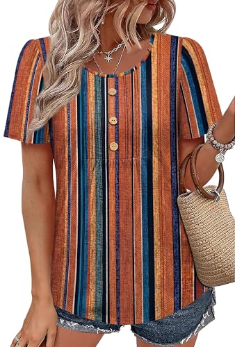 Image of Womens Tops Dressy Casual Blouses Short Sleeve Shirts Plus Size Fashion Clothing Spring Summer Outfits Button Pleated Front