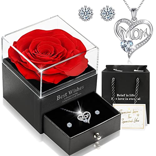 Muttertagsgeschenk für Mama, Muttertag Geschenk, Ewige Echte Rose Konservierte Box mit Herz Halskette & Ohrringe 925 Sterlingsilber Geschenkbox für Mutter am Valentinstag Muttertag Hochzeit Geburtstag