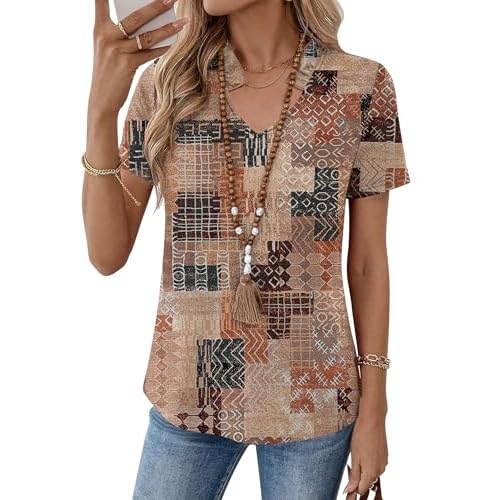 Kistore Womens Summer Tops Short Sleeve V Neck Casual Shirts Beach Vacation Dressy Work Blouses B Colored Squares Medium