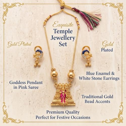 Image of Traditional Gold-Plated Lakshmi Temple Pendant Necklace Set for Women | Antique South Indian Jewelry with Jhumka Earrings | Ethnic Bridal, Wedding & Festive Jewelry Set