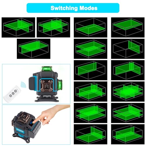Image of KEZERS Laser Level 360 Self Leveling, 4 x 360 Laser Level with Screen Green Laser Level Line Tool Leveling and Alignment Laser Tool with Pulse Mode for Construction and Picture Hanging, Remote Control