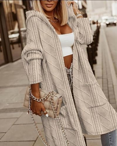 Women's Long Cardigan Cable Sweater Fall Winter Oversized Open Front Hooded Jacket Coat with Pockets Plus Size2