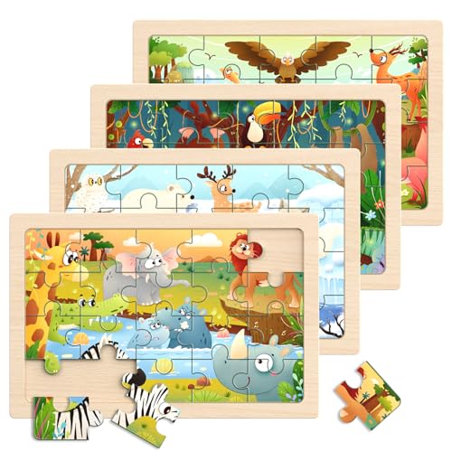 Image of Zeoddler Jumbo Wooden Puzzles for Toddlers, 4 Pack Animal Jigsaw Puzzles for Kids3-5, 20 Pieces Preschool Learning Activities, Learning & Educational Toys, Gift for Boys, Girls