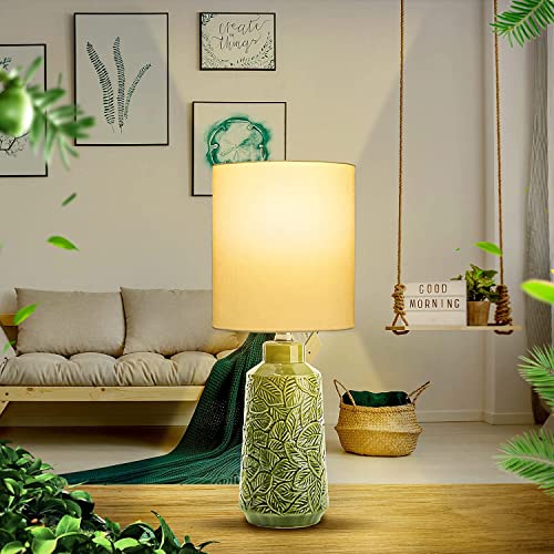 Euo Green Ceramic Table Lamps For Bedroom Living Room, Green Leaves Nightstand Bedside Lamps With White Linen Lamp Shade, Small Bedroom Lamps Green Decor For Home, Office #TOP1