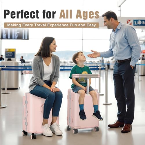 Kids Ride-On Luggage with Adjustable Safety Seat, 20 Inch Carry On Suitcase with 360° Silent Wheels, Cup & Tablet Holder, TSA Lock, For Toddlers to Adults, 200lbs Support, Lightweight Travel Suitcase - Image 3
