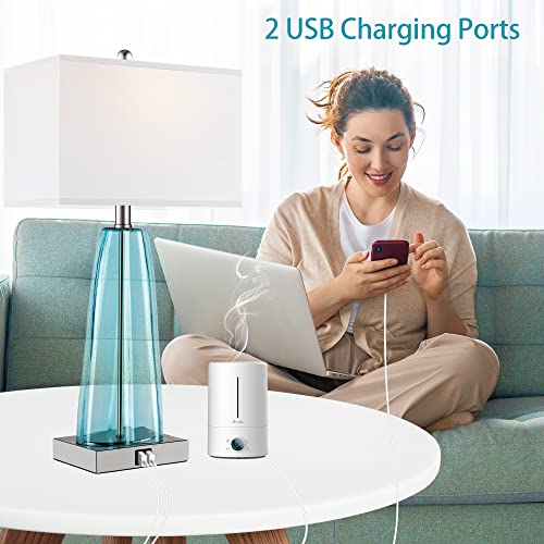 Table Lamp Set Of 2 Touch Control, Contemporary Blue Green Glass Bedside Lamp With 2 Usb Ports, 3-Way Dimmable Nightstand Lamps With White Fabric Shade For Living Room, Bedroom (Led Bulbs Included) #TOP2
