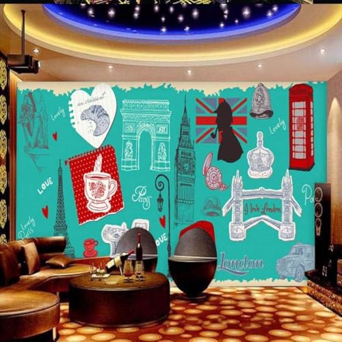 XLMING Dibujado A Mano Café Pan Retro Cabina Telefónica Coche 3D Papel Pintado Tapiz Textura de Seda Oficina Comedor Sofá Dormitorio Sala Estar TV Fondo Pantalla-150cm×105cm