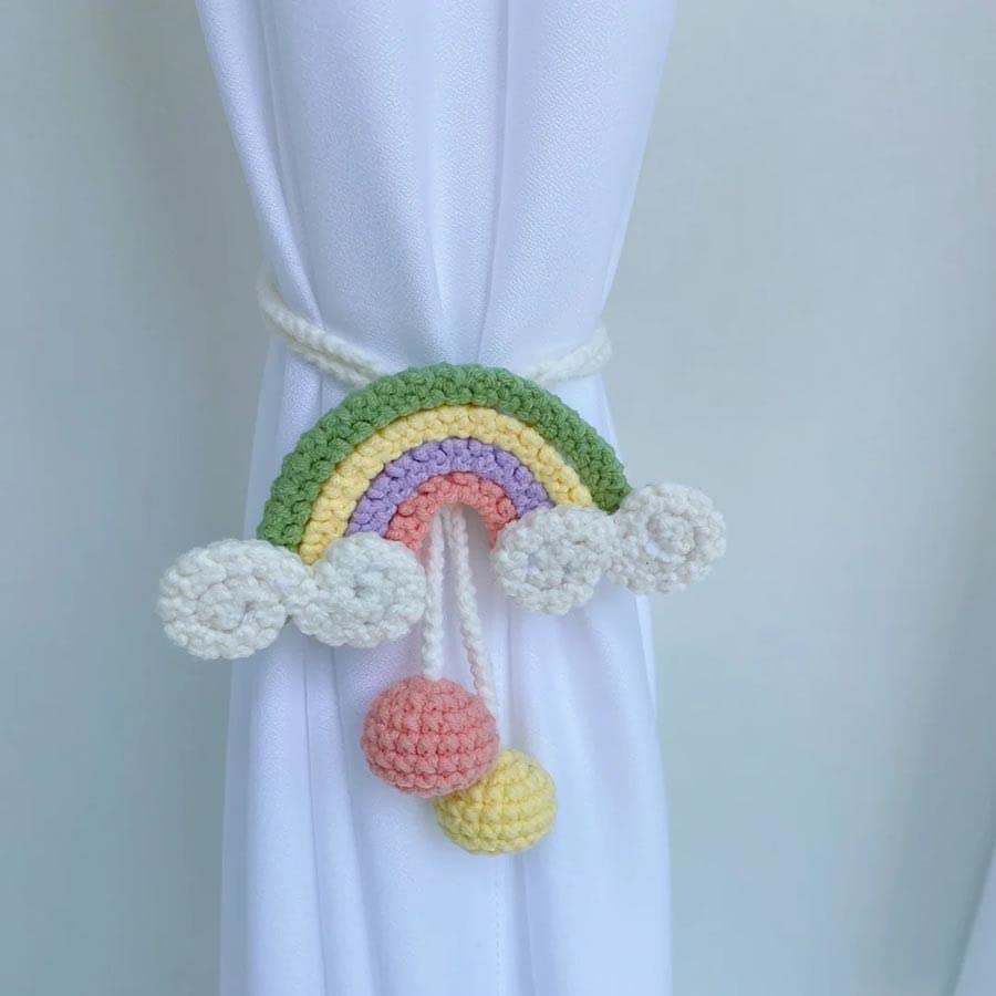 Ferma Tende Usi Multipli Puro Fatto a Mano Fai-da-Te Arcobaleno all'Uncinetto Cinghie for Tende Finite Romantico Ciondolo Ciliegia Rossa Corda legata Fermi Fatti a Mano (Color : Rain-Bow Style)