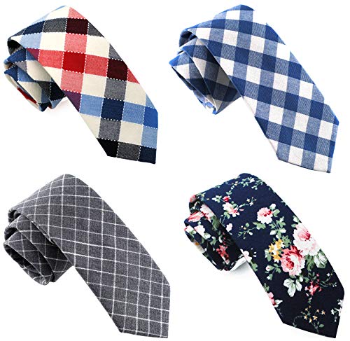 Zenxus Cotton Skinny Ties For Men, 2.5 Inch Slim Casual Neckties, Plaid, Stripe, Floral And Solid Ties Assorted, 4-Pack #TOP20