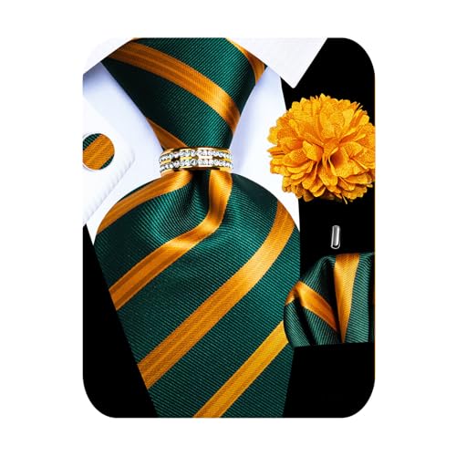 Image of 5PCS Mens Silk Designer Tie, Pocket Square, Cufflinks, Drilled Tie Ring and Lapel Pin Set for Wedding Groom Party
