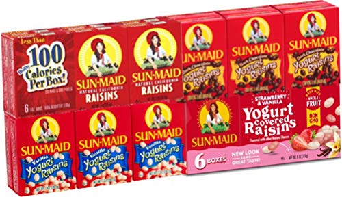 Sun Maid Raisins Variety Pack 24 ct - 6 Mini Boxes Plain Raisins, 6 Yogurt Covered Raisins, 6 Dark Chocolate Yogurt Flavored Raisins, 6 Yogurt Covered Strawberry Vanilla Raisins