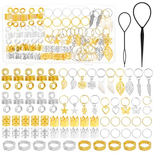 MELLIEX 70PCS Anillos para el Pelo Ajustable Múltiples Estilos Anillos Trenzas Pelo Mujer y Hombres, Accesorios Pelo para Trenzar el Cabello DIY Punk Hip-Hop Trenzas Pelos, Plateado - Plata y Oro