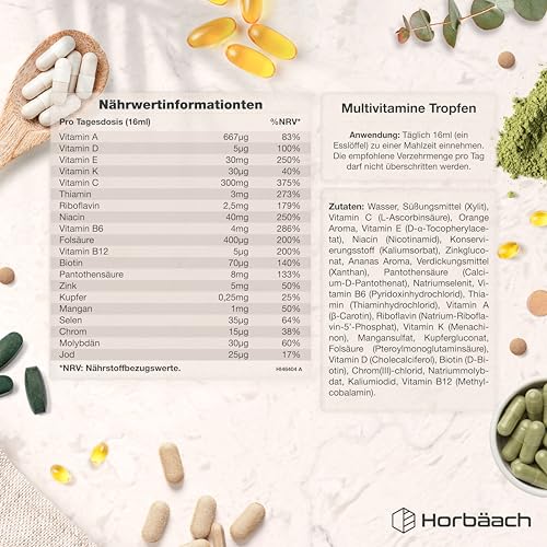 Multivitamin Komplex Tropfen | 480ml | Vegan | 20 essentielle Nährstoffe | Hochdosiert Vitamin | 30 Portionen | Orangengeschmack | Horbaach