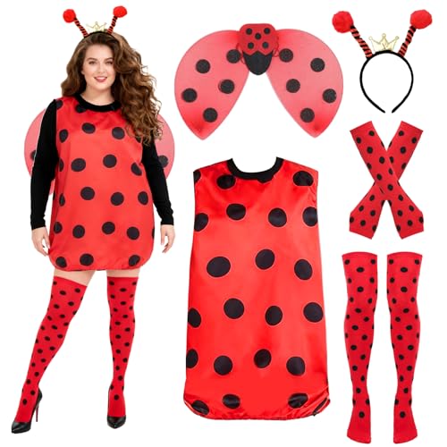 Xerteam Costume de Coccinelle Femme, Robes Ailes de Coccinelle Bandeau Antennes Chauffe-bras Chaussettes Montantes, Déguisement de Coccinelle pour Halloween...