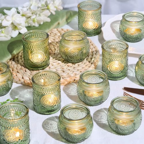 12pcs Assorted Green Votive Candle Holders for Wedding Table Decorations, Glass Tea Lights Candle Holder for Bridal Shower, Baby Shower Decrations, Boho Tea Party Decor, Wedding Party Gifts for Guests