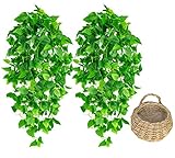 2 Pcs Artificial Hanging Plants with One Basket 3.6ft Fake Ivy Vine Hanging Greenery Plants for Home...