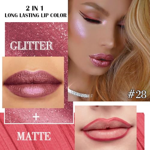 Image of evpct Light Plum Red Metallic Glitter Lip Liner and Lipstick Combo Lip Gloss Stain Set Makeup for Women Long Lasting Waterproof 24, Non Stick Cup Metal Shine Shiny Shimmer Iridescent Liquid Lipstick