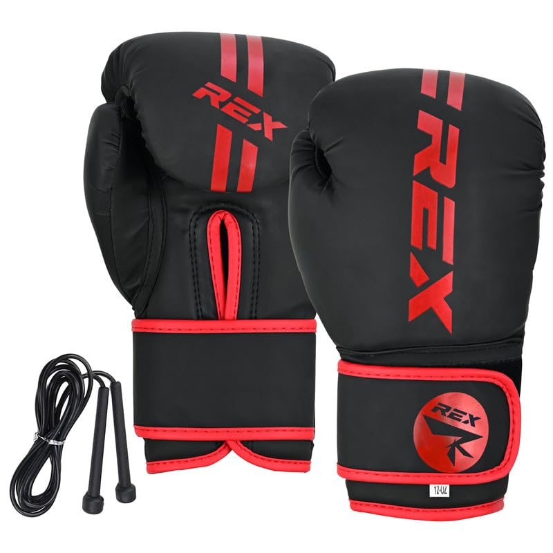 REX Sports Boxing gloves with Free Skipping Rope Muay Thai Pad gloves Sparring gloves MMA and Kick Boxing 02-08 OZ for Kids and 10-16 OZ for Adults (Black/Red, 4 OZ)