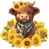 Highland Cow Sunflower Wooden Puzzles 200 Pieces for Adult, Animal Unique Shape Puzzle with Wooden Box, Nature Animal Flower Painting, Cute Art Scenic Puzzle Gifts for Friends, Kids