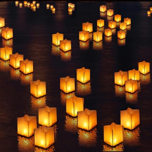 FuHigh DIY 10Pack 6 Paper Floating Candle Lantern Wooden Water Lanterns with Candles Decor for Pool Parties (10 Lanterns with Candles)