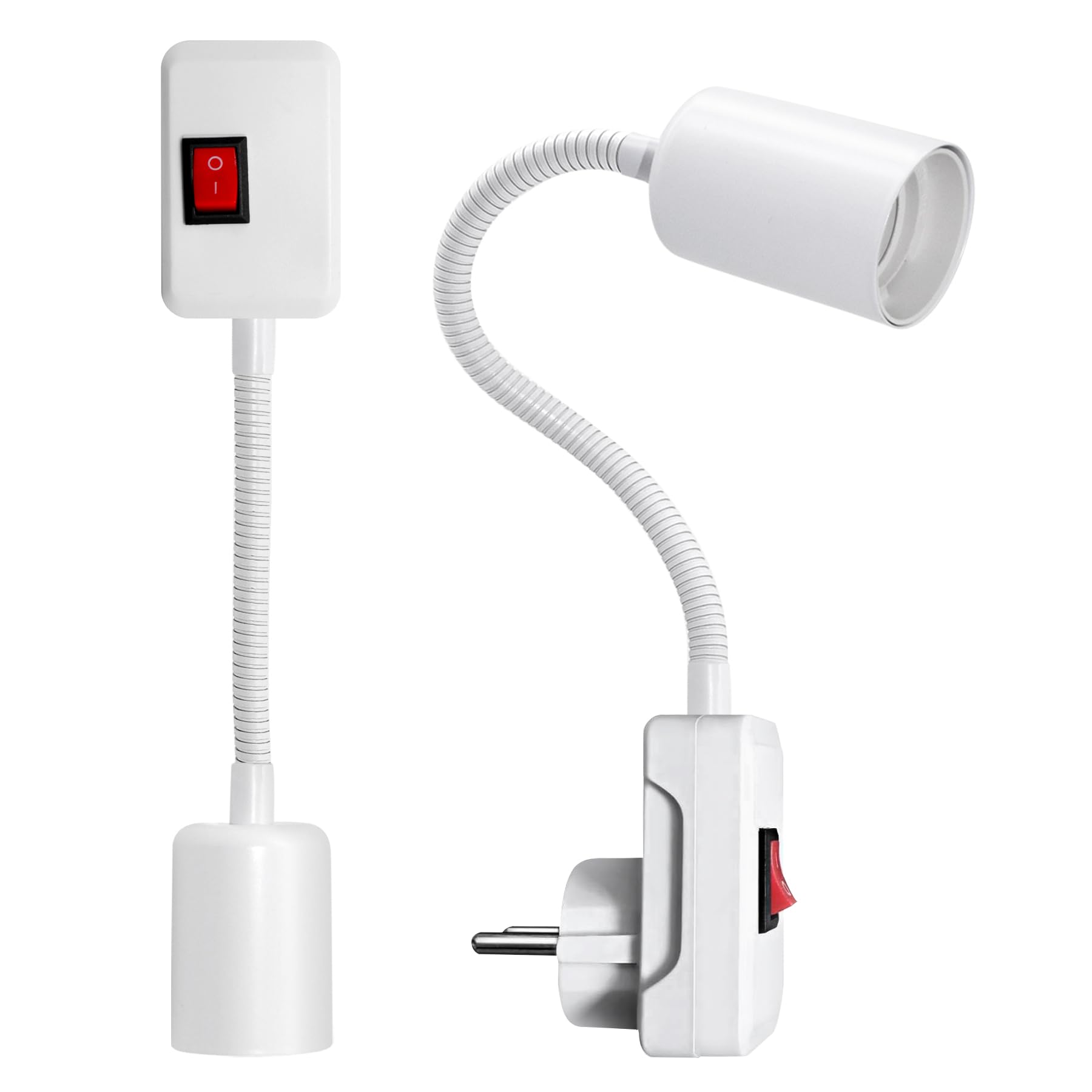 2er Set E27 lampenfassung mit schalter EU-Stecker, 360° Drehbarer lampenfassung, schwanenhals fassung fur wandlampe, leselampe(Weiß, Glühbirne nicht im Lieferumfang enthalten)