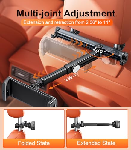 Image of Extension Arm Tablet Holder for Car Headrest, Adjustable iPad Holder for Car Backseat Rear Facing for Kids Baby, Car Mount Fit for 4.7 inch-13 inch Cell Phone iPad mini Air Pro 12.9 Switch Fire, Black