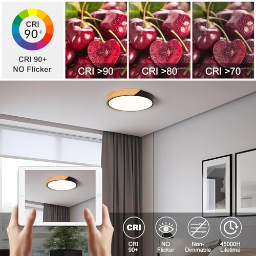Image of Modern LED Ceiling Light, Minimalist Wood Flush Mount Ceiling Light Fixture, 4000K Not Dimmable, Circle Lighting Lamp with Acrylic Lampshade for Bedroom Laundry Room Hallway (Black,11.8 inch)