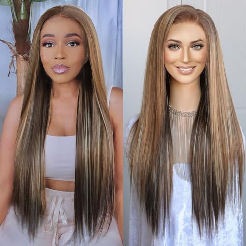 K'ryssma K’ryssma Brown 13x6 Wig Highlight Blonde 13x6 Lace Front Wig Pre Plucked 6 Inch Deep Part Glueless Long Bone Straight Ombre Mixed Brown Synthetic Lace Front Wigs for Women 24 Inches