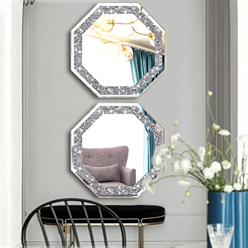 Xihacty 2 Piece Wall Mirrors Octagon, Crush Diamond Mirrors Wall Decor, Silver Decorative Mirrors For Living Room Decor, Bedroom, Bathroom. (12”X12”) #TOP2