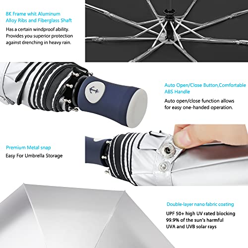Image of FDJASGY Silver Coating Layer Fabric Blocking UV 99.9% Sun Umbrella Compact Folding Travel Umbrella Automatic Folding Windproof Umbrellas For Men and Women (Black)