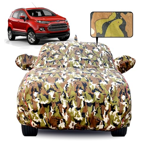 Image of Waterproof Car Body Cover for Ford Ecosport (2018-2026) with Mirror Pocket, Soft Cotton Lining, Triple Stitched, Full Bottom Elastic (Heat Resistant Jungle Print with Red Piping)