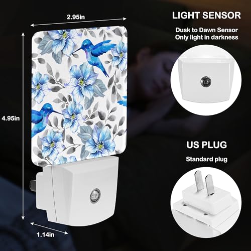 Image of LED Night Light Lamp with Smart Sensor Dusk to Dawn Sensor,Blue Flowers and Hummingbirds Pattern Night Light Daylight White,0.5W Plug-into Wall for Adults,Bedroom,Bathroom,Hallway,Kitchen