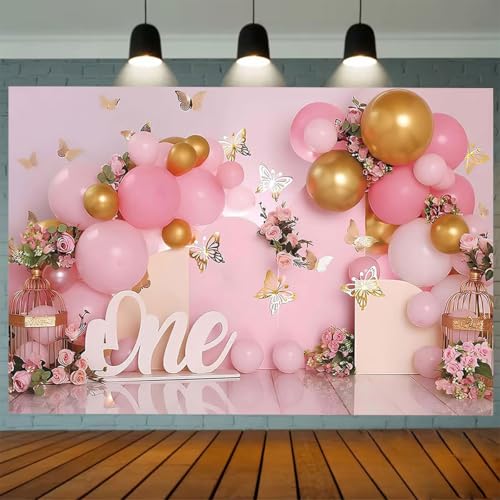 Fondo Fotográfico Rosa con Globos y Mariposas 8X6FT miniatura 1