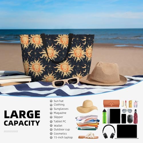 Large Beach Bags for Women Sandproof - Cute Sun Navy Blue Print Summer Travel Work Tote Bags with Zipper4