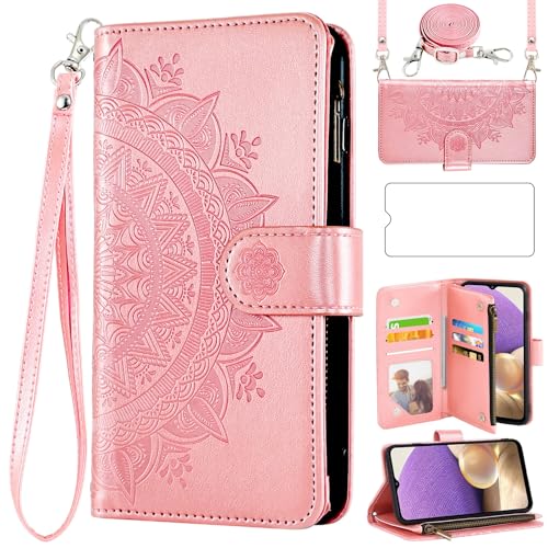 Étui Samsung Galaxy A32 5G or rose fleur mandala gravée avec fentes cartes