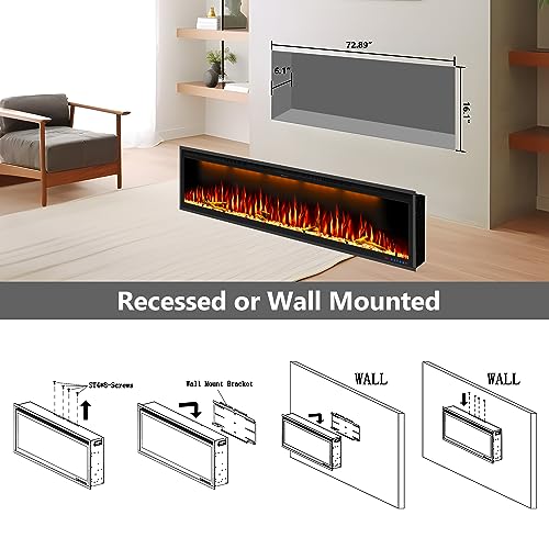 Benrocks 74'' Smart Electric Fireplace Inserts, Recessed & Wall Mounted Fireplace, 13 * 13 * 3 Color Combinations, App Control Fireplace Heater, Timer, Logs & Crystals 750/1500W Black #TOP2