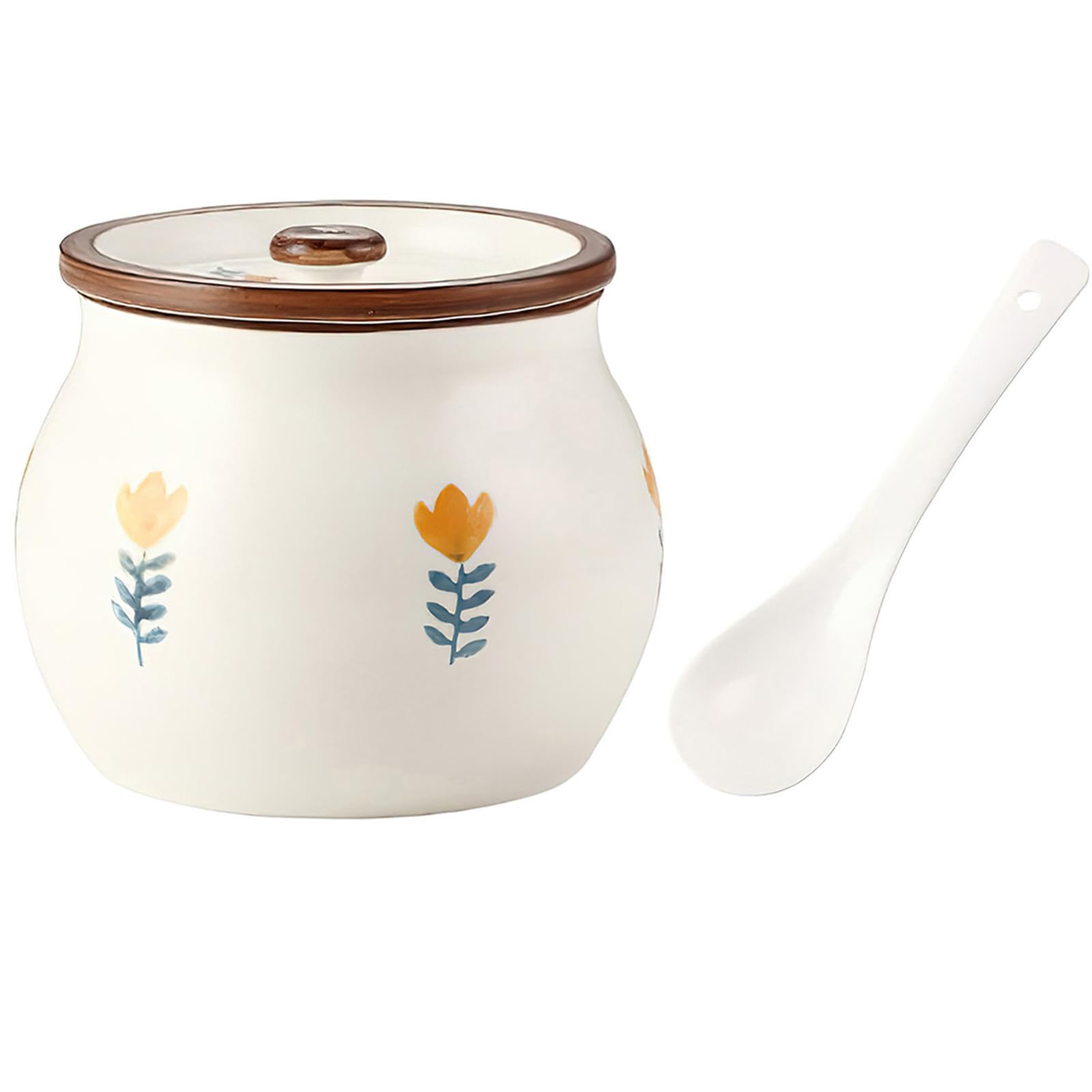 auons Ceramic Salt and Sugar Container, Porcelain Condiment Jars with Lid and Spoon, Seasoning Spice Pot Bowl, Salt Sugar Pepper Storage Jar, 600ml, Yellow Flower