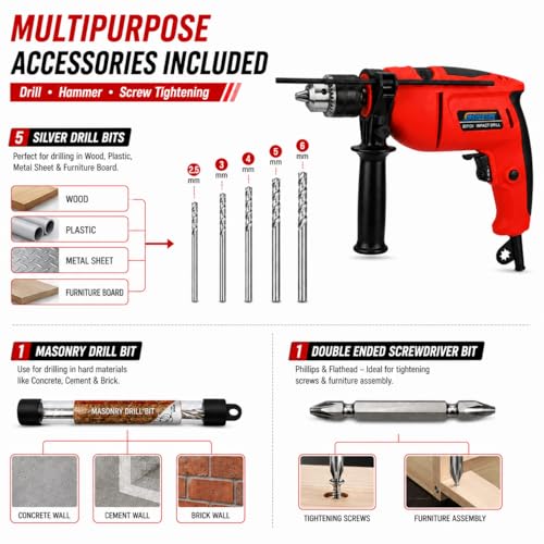 Image of Delivery Pax 780W Impact Drill Machine for Home Use | Electric Hammer Drill | Variable Speed, Forward Reverse | 13mm Chuck | 2.5mm-6mm Drill Bits Set with Masonry & Screwdriver Bit | Wall Wood Metal