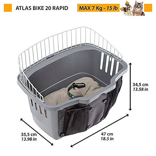 Ferplast Fahrradkorb Hundekorb für Fahrrad kleine Hunde Atlas Bike 20 Rapid, kleine Hunde bis 7 kg mit waschbarem Kissen, Transportbox für Haustiere, 47 x 35,5 x 34,5 cm, grau