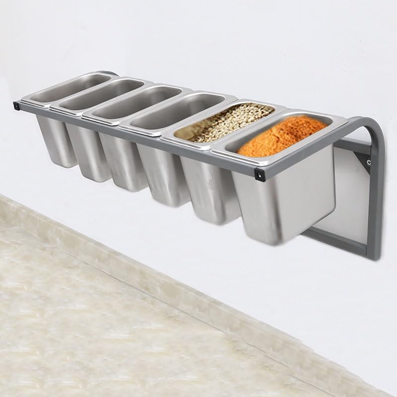 XLIHAWY Pizza Topping Station, Stainless Steel Spice Organizer Stand, Wall-Mounted Buffet Containers Set for Sauce Fruits Ingredient Kitchen Restaurant Pantry(A,50x25x23cm)