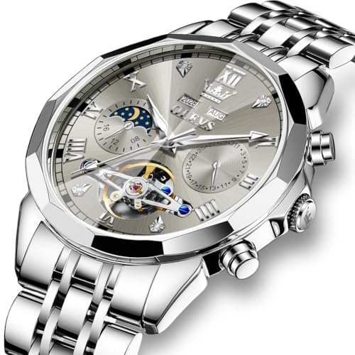 Image of OLEVS Automatic Watches for Men Business Dress Mechanical Watch Stainless Steel Waterproof Self Winding Classic Date Luxury Diamond Skeleton Men Wristwatch