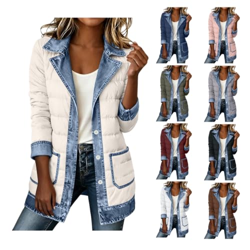 PXQIRMR Winter Coats for Women Denim Patchwork Quilted Puffer Jacket - image 1